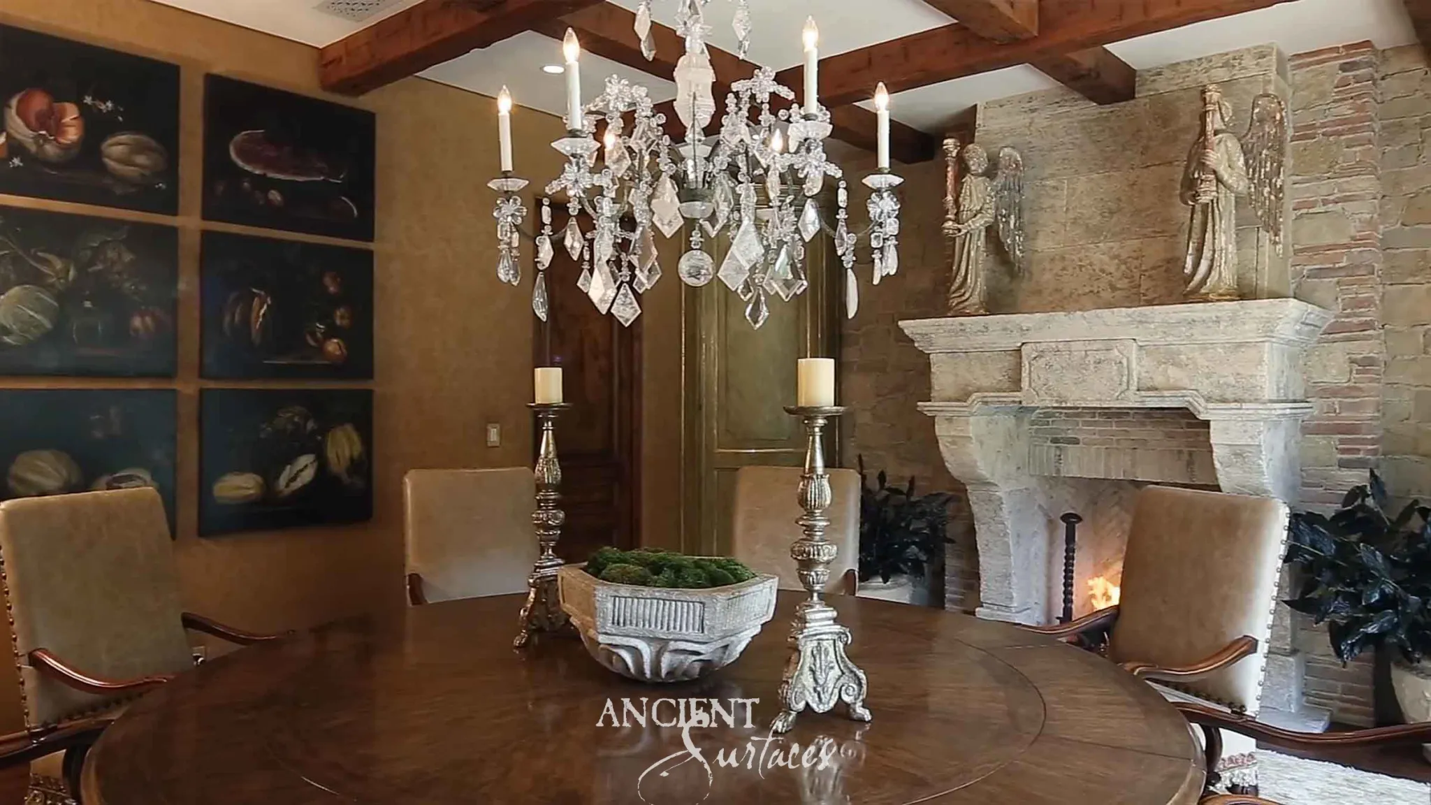 Rustic reclaimed limestone fireplace mantel on heavy corbels in a stone-and-brick dining hall