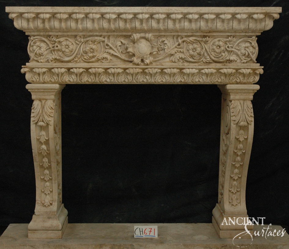 Ornate Renaissance reclaimed limestone fireplace mantel with foliate-scroll frieze and acanthus legs