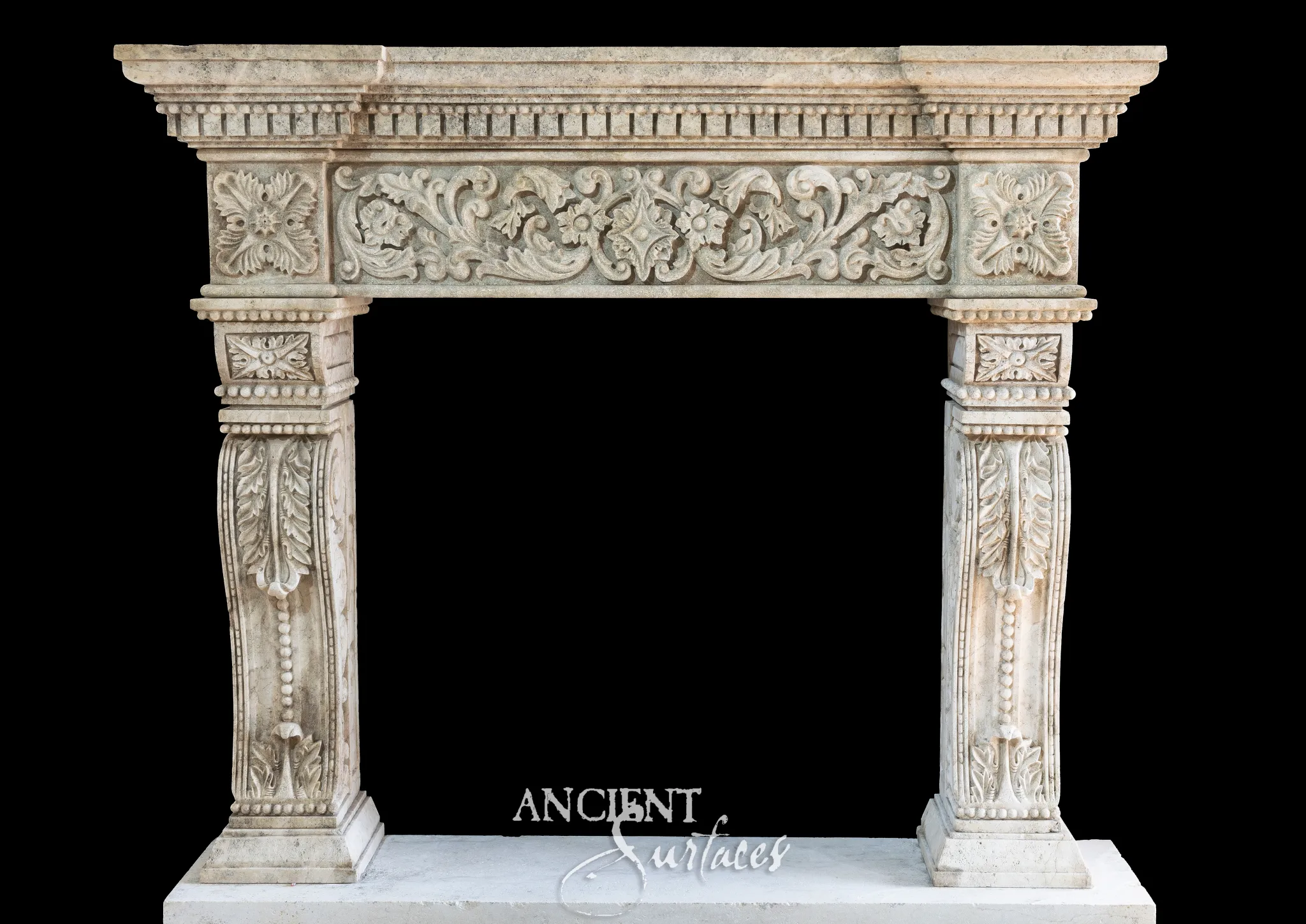 Ornate reclaimed limestone fireplace mantel with a dentil cornice and rosette-block frieze